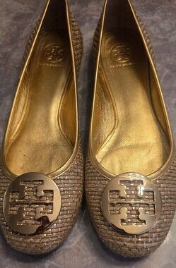 Tory Burch Metallic Gold Woven Logo Ballet Flats